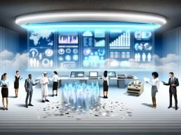Futuristisches PR-Büro mit digitalem Dashboard, holografischen Arbeitsflächen und verblassenden analogen Geräten im Hintergrund