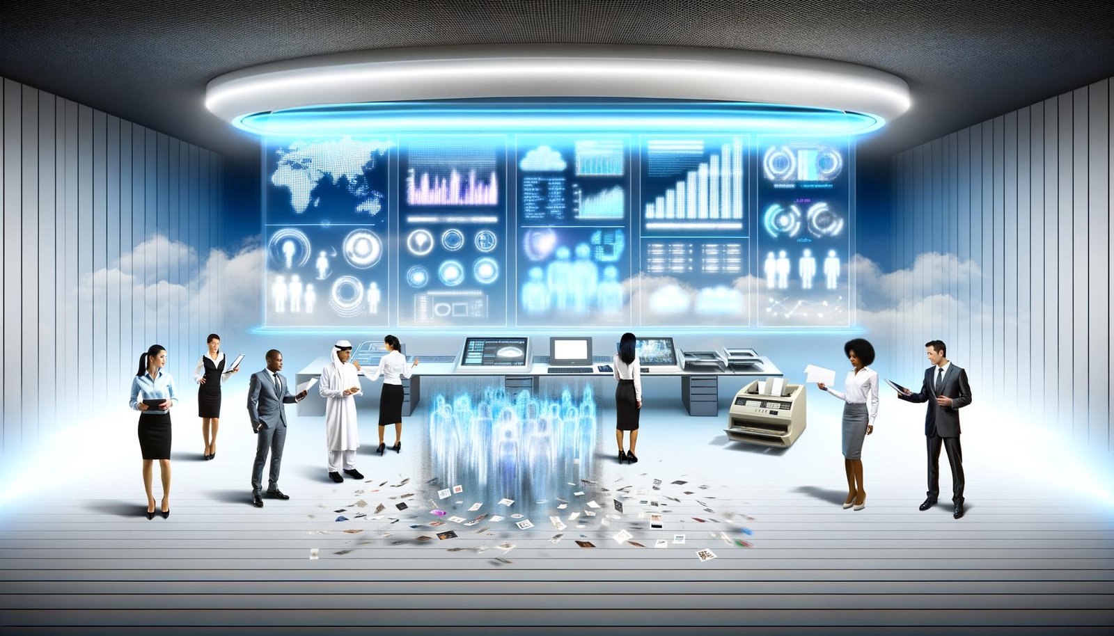 Futuristisches PR-Büro mit digitalem Dashboard, holografischen Arbeitsflächen und verblassenden analogen Geräten im Hintergrund