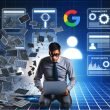 Ein SEO-Analyst mit Laptop inspiziert eine digital fragmentierte Website-Struktur, angezeigt werden Fehlermeldungen und Chancen-Symbole, im Hintergrund leuchtet das Google-Logo.