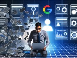 Ein SEO-Analyst mit Laptop inspiziert eine digital fragmentierte Website-Struktur, angezeigt werden Fehlermeldungen und Chancen-Symbole, im Hintergrund leuchtet das Google-Logo.