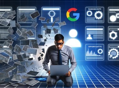 Ein SEO-Analyst mit Laptop inspiziert eine digital fragmentierte Website-Struktur, angezeigt werden Fehlermeldungen und Chancen-Symbole, im Hintergrund leuchtet das Google-Logo.