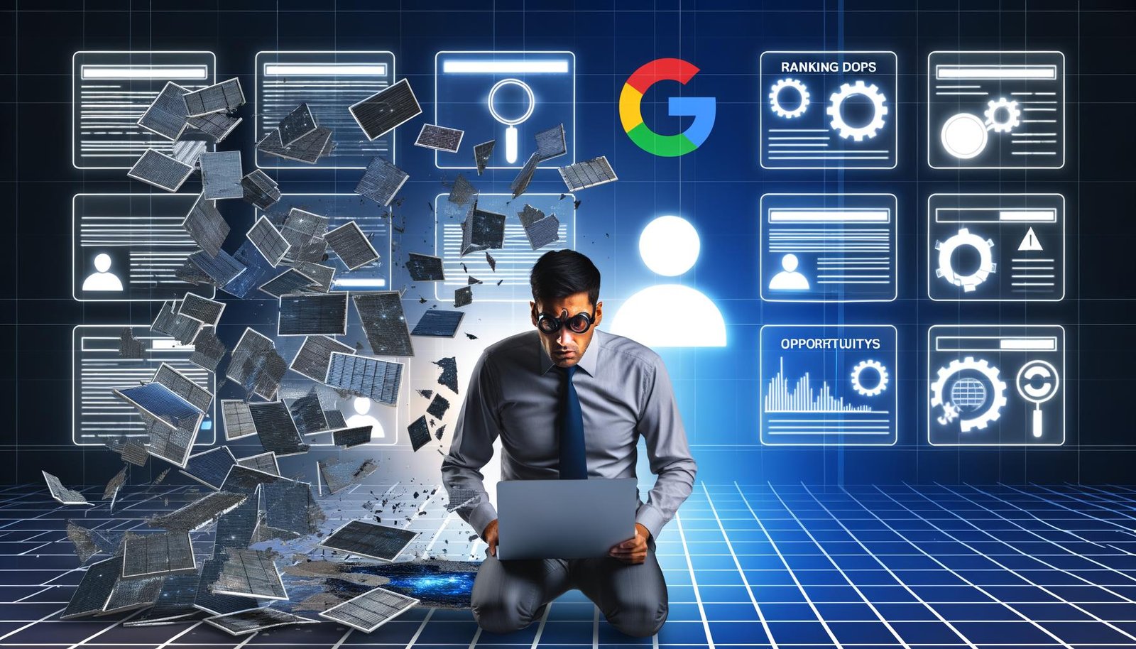 Ein SEO-Analyst mit Laptop inspiziert eine digital fragmentierte Website-Struktur, angezeigt werden Fehlermeldungen und Chancen-Symbole, im Hintergrund leuchtet das Google-Logo.