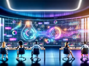 Digitales Marketingbüro 2025 mit transparenten Hologramm-Dashboards, kreativen Fachkräften und Echtzeit-Performance-Daten.