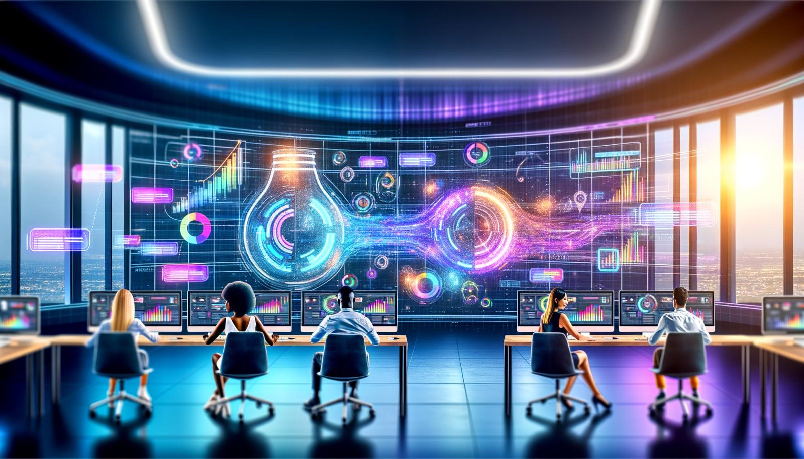 Digitales Marketingbüro 2025 mit transparenten Hologramm-Dashboards, kreativen Fachkräften und Echtzeit-Performance-Daten.