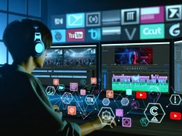 Stylisches High-Performance-Video-Schnittstudio mit Editor an Monitoren, die YouTube, TikTok und Instagram Shorts zeigen, umgeben von digitalen Werkzeugen und Icons führender Schnittprogramme.