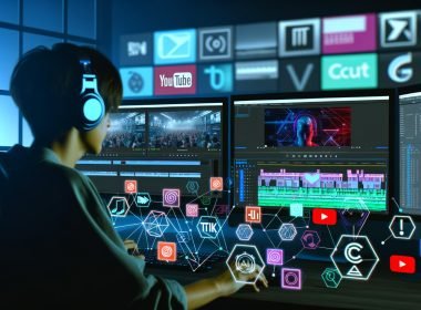 Stylisches High-Performance-Video-Schnittstudio mit Editor an Monitoren, die YouTube, TikTok und Instagram Shorts zeigen, umgeben von digitalen Werkzeugen und Icons führender Schnittprogramme.