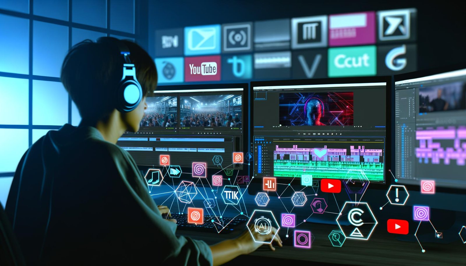 Stylisches High-Performance-Video-Schnittstudio mit Editor an Monitoren, die YouTube, TikTok und Instagram Shorts zeigen, umgeben von digitalen Werkzeugen und Icons führender Schnittprogramme.