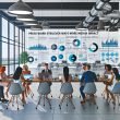 Helles Großraumbüro mit modernen Arbeitsplätzen, mehreren Monitoren mit Datenanalysen und Social-Media-Feeds, PR-Expert:innen im Gespräch, digitales Dashboard und Leinwand mit Artikel-Headline im Vordergrund.