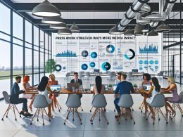 Helles Großraumbüro mit modernen Arbeitsplätzen, mehreren Monitoren mit Datenanalysen und Social-Media-Feeds, PR-Expert:innen im Gespräch, digitales Dashboard und Leinwand mit Artikel-Headline im Vordergrund.