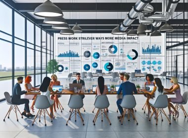 Helles Großraumbüro mit modernen Arbeitsplätzen, mehreren Monitoren mit Datenanalysen und Social-Media-Feeds, PR-Expert:innen im Gespräch, digitales Dashboard und Leinwand mit Artikel-Headline im Vordergrund.