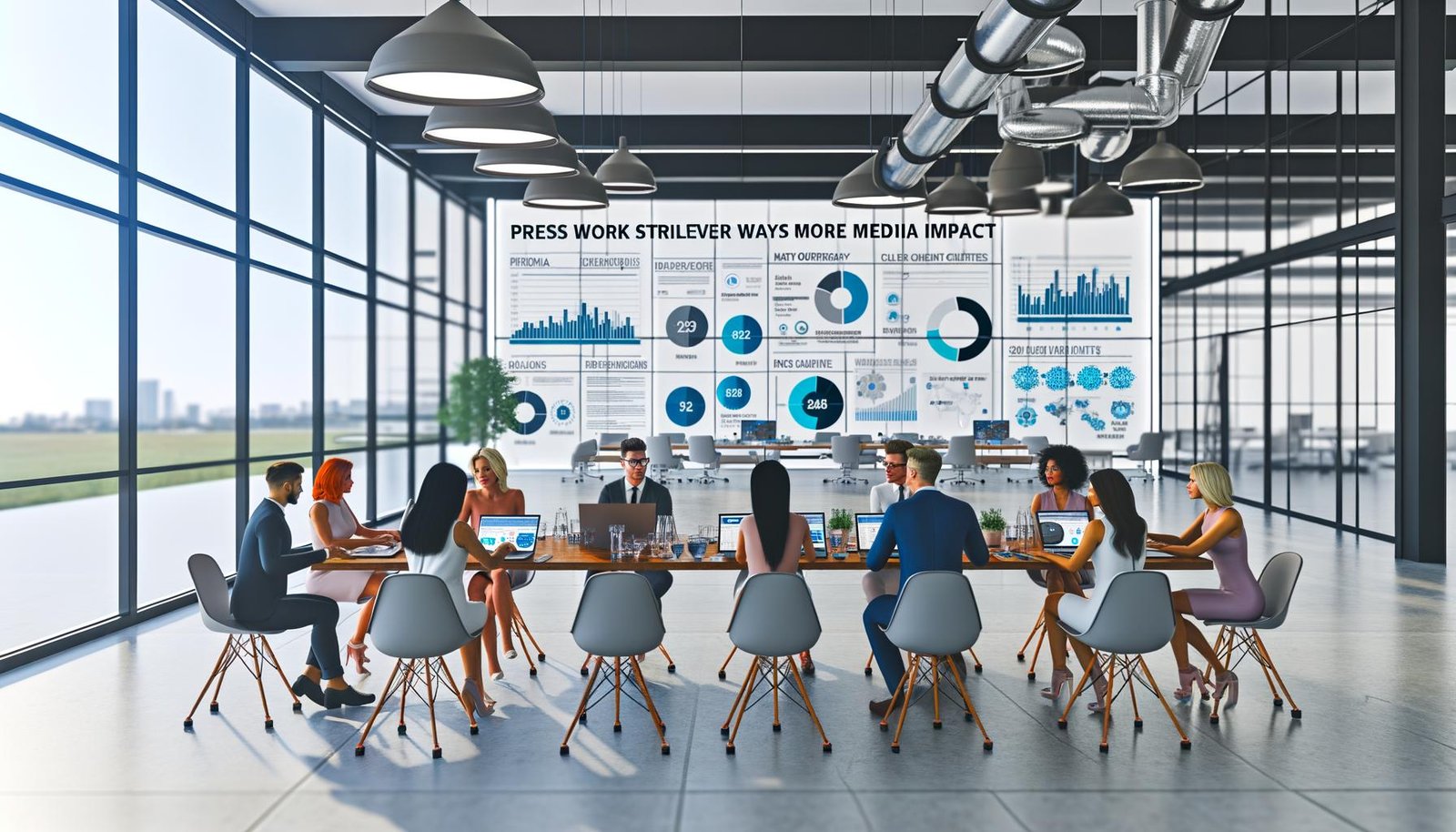 Helles Großraumbüro mit modernen Arbeitsplätzen, mehreren Monitoren mit Datenanalysen und Social-Media-Feeds, PR-Expert:innen im Gespräch, digitales Dashboard und Leinwand mit Artikel-Headline im Vordergrund.