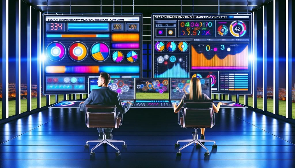 Zwei Personen in kreativer Think-Tank-Atmosphäre vor modernen Dashboards mit SEO- und SEM-Datenströmen und überlappenden Conversion-Graphen.