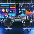 Zwei Personen in kreativer Think-Tank-Atmosphäre vor modernen Dashboards mit SEO- und SEM-Datenströmen und überlappenden Conversion-Graphen.