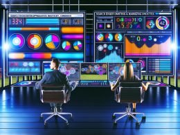 Zwei Personen in kreativer Think-Tank-Atmosphäre vor modernen Dashboards mit SEO- und SEM-Datenströmen und überlappenden Conversion-Graphen.