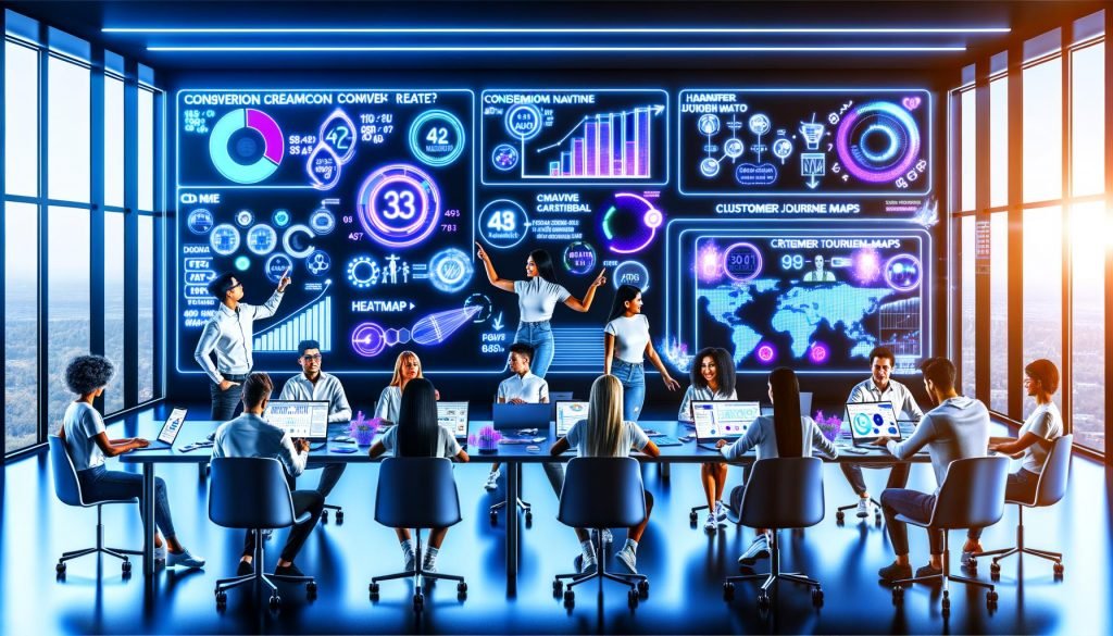 Futuristisches Marketingbüro mit Daten-Dashboards, kreativen Teams, Live-Analysen und holografischen Infografiken.