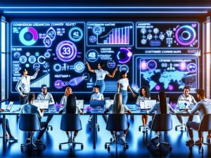 Futuristisches Marketingbüro mit Daten-Dashboards, kreativen Teams, Live-Analysen und holografischen Infografiken.