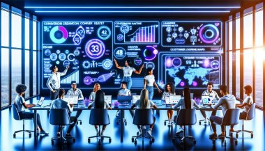 Futuristisches Marketingbüro mit Daten-Dashboards, kreativen Teams, Live-Analysen und holografischen Infografiken.