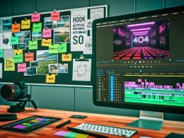 Dynamischer Workspace mit Videoeditor, der auf einem großen Monitor bunte UI-Elemente einer Schnittsoftware und vertikale Kurzvideos im 9:16-Format bearbeitet. Auf dem Tisch liegen Kamera-Equipment, Kopfhörer, Tablet mit Performance-Charts und kreative Notizen.