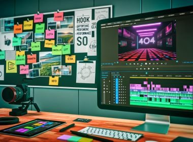 Dynamischer Workspace mit Videoeditor, der auf einem großen Monitor bunte UI-Elemente einer Schnittsoftware und vertikale Kurzvideos im 9:16-Format bearbeitet. Auf dem Tisch liegen Kamera-Equipment, Kopfhörer, Tablet mit Performance-Charts und kreative Notizen.