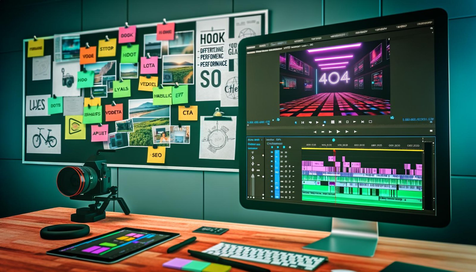 Dynamischer Workspace mit Videoeditor, der auf einem großen Monitor bunte UI-Elemente einer Schnittsoftware und vertikale Kurzvideos im 9:16-Format bearbeitet. Auf dem Tisch liegen Kamera-Equipment, Kopfhörer, Tablet mit Performance-Charts und kreative Notizen.