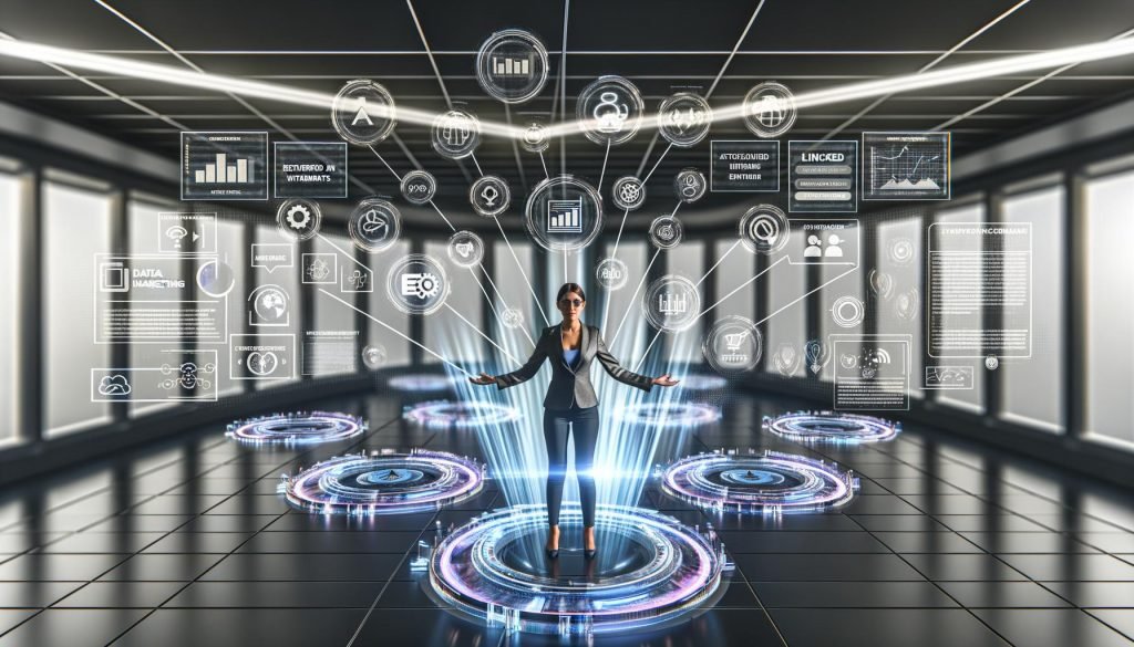 Marketer im modernen, digitalen Workspace mit holografischen Daten, KPIs, Dashboards und Analysen in einer futuristischen Szenerie.