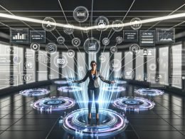 Marketer im modernen, digitalen Workspace mit holografischen Daten, KPIs, Dashboards und Analysen in einer futuristischen Szenerie.