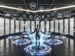 Marketer im modernen, digitalen Workspace mit holografischen Daten, KPIs, Dashboards und Analysen in einer futuristischen Szenerie.