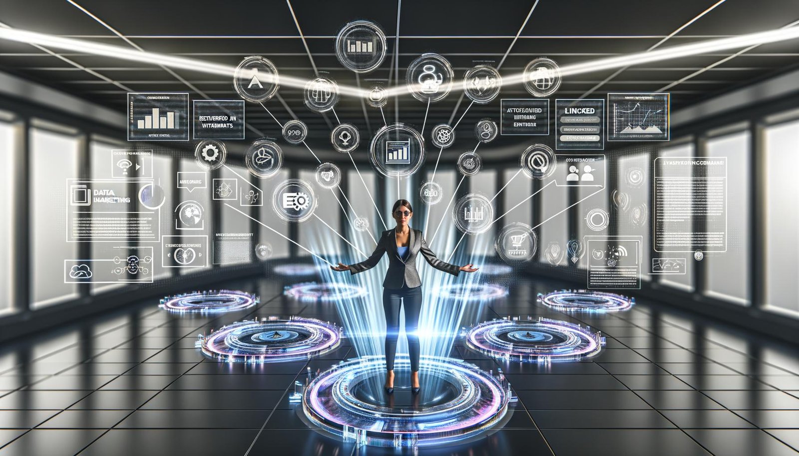 Marketer im modernen, digitalen Workspace mit holografischen Daten, KPIs, Dashboards und Analysen in einer futuristischen Szenerie.