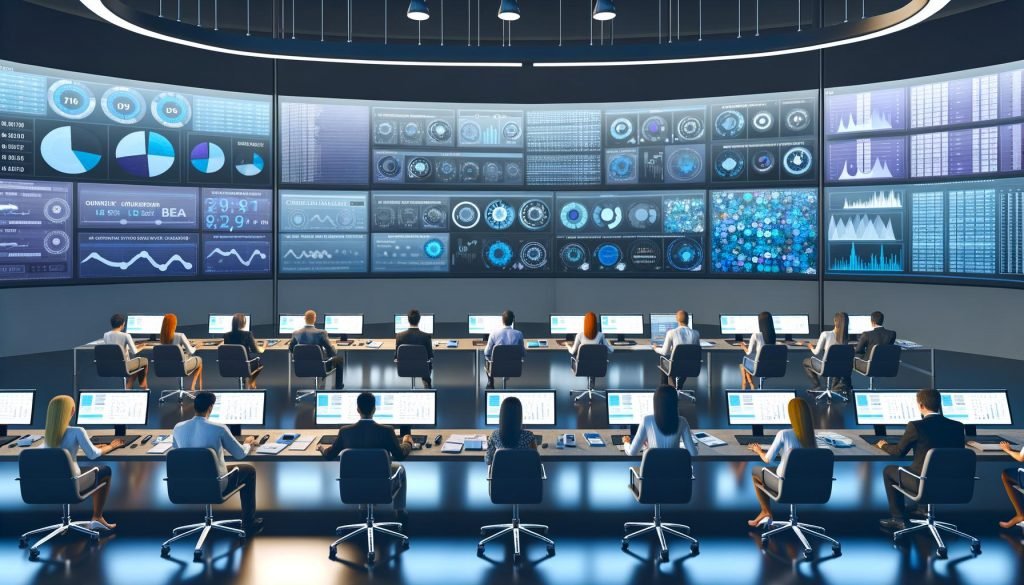 Marketer analysieren digitale Dashboards mit Kampagnendaten, Audience-Clustern und kreativen Assets in einem Hightech-Kontrollraum für programmatische Werbeoptimierung.