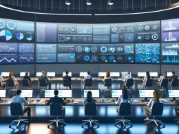 Marketer analysieren digitale Dashboards mit Kampagnendaten, Audience-Clustern und kreativen Assets in einem Hightech-Kontrollraum für programmatische Werbeoptimierung.