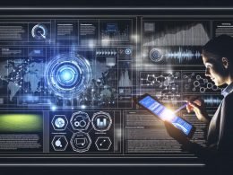 Illustration eines Outbrain-Dashboards mit Heatmaps, Zielgruppen-Segmentierung, Performance-Kurven und Datenströmen, bedient von einer Marketerin am Tablet oder Laptop.