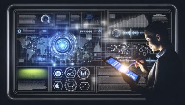 Illustration eines Outbrain-Dashboards mit Heatmaps, Zielgruppen-Segmentierung, Performance-Kurven und Datenströmen, bedient von einer Marketerin am Tablet oder Laptop.