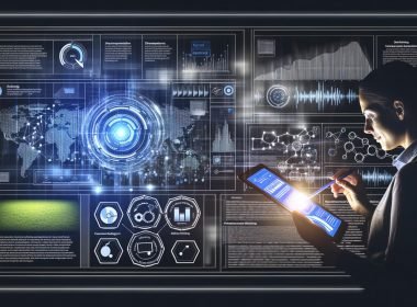 Illustration eines Outbrain-Dashboards mit Heatmaps, Zielgruppen-Segmentierung, Performance-Kurven und Datenströmen, bedient von einer Marketerin am Tablet oder Laptop.