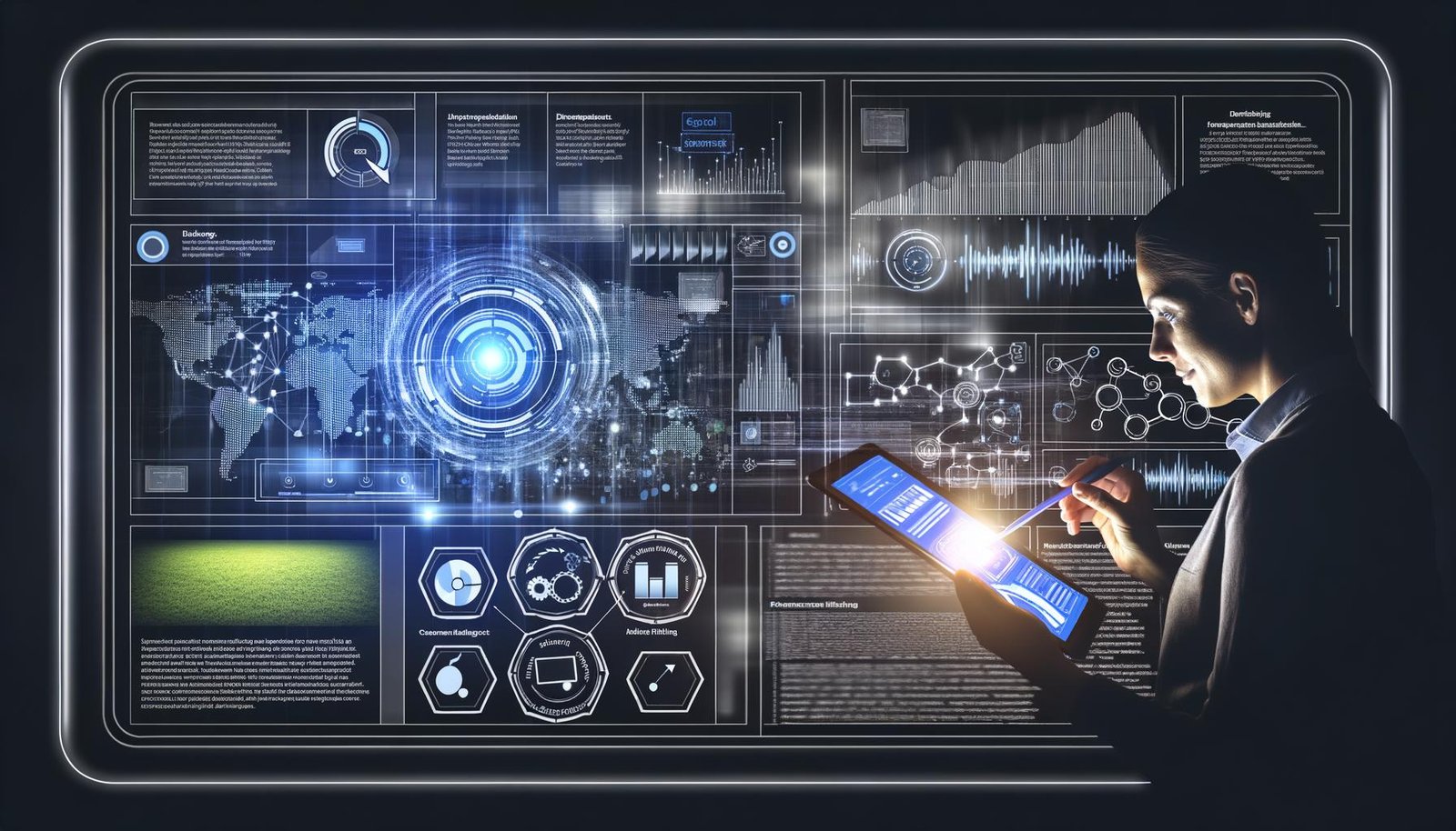 Illustration eines Outbrain-Dashboards mit Heatmaps, Zielgruppen-Segmentierung, Performance-Kurven und Datenströmen, bedient von einer Marketerin am Tablet oder Laptop.