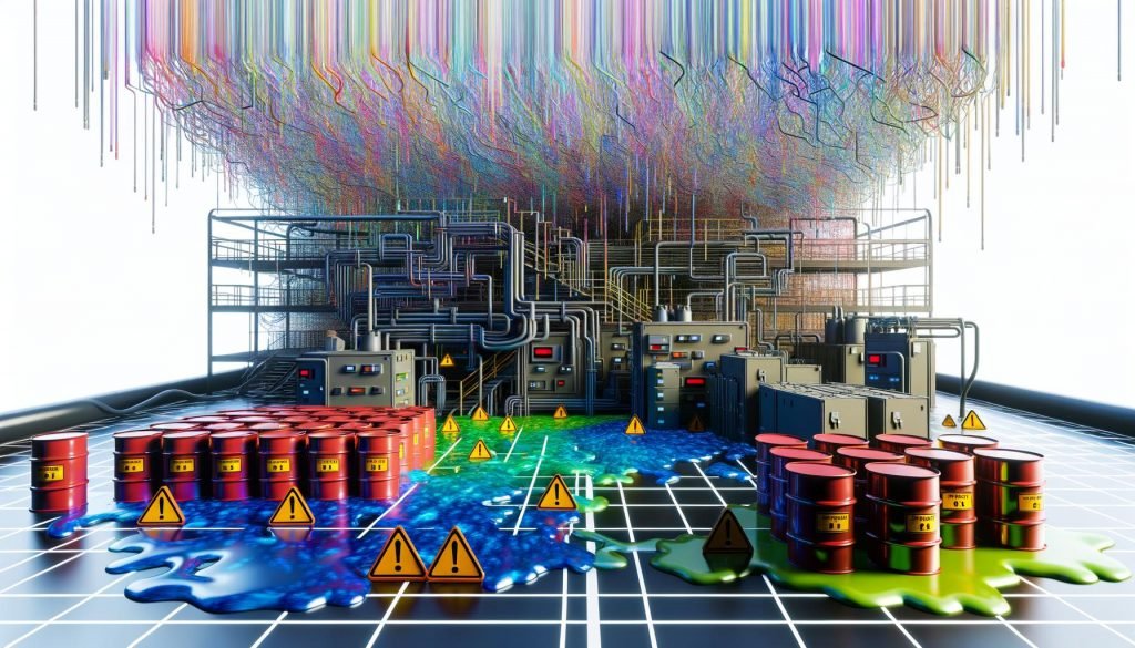 Eine chaotische Daten-Raffinerie im 90er-Jahre-Design mit tropfenden Datenströmen, beschädigten Datenfässern und Sicherheitswarnungen im Vordergrund, sowie einer modernen, strukturierten Framework-Architektur im Hintergrund.