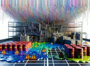 Eine chaotische Daten-Raffinerie im 90er-Jahre-Design mit tropfenden Datenströmen, beschädigten Datenfässern und Sicherheitswarnungen im Vordergrund, sowie einer modernen, strukturierten Framework-Architektur im Hintergrund.