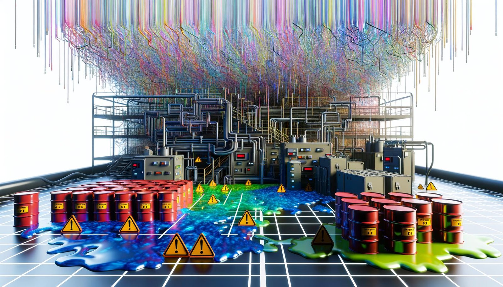 Eine chaotische Daten-Raffinerie im 90er-Jahre-Design mit tropfenden Datenströmen, beschädigten Datenfässern und Sicherheitswarnungen im Vordergrund, sowie einer modernen, strukturierten Framework-Architektur im Hintergrund.