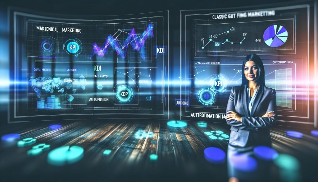Genderneutrale Person mittleren Alters in futuristischer Büroumgebung vor digitalen Dashboards mit Datenströmen und schwebenden Marketing-Begriffen wie KPI und Automation.