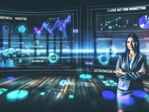 Genderneutrale Person mittleren Alters in futuristischer Büroumgebung vor digitalen Dashboards mit Datenströmen und schwebenden Marketing-Begriffen wie KPI und Automation.