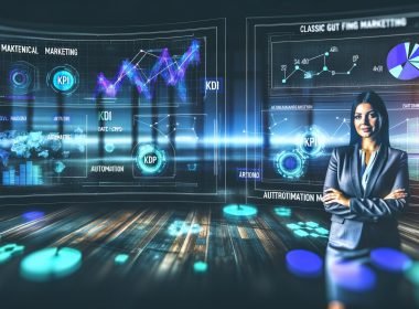Genderneutrale Person mittleren Alters in futuristischer Büroumgebung vor digitalen Dashboards mit Datenströmen und schwebenden Marketing-Begriffen wie KPI und Automation.