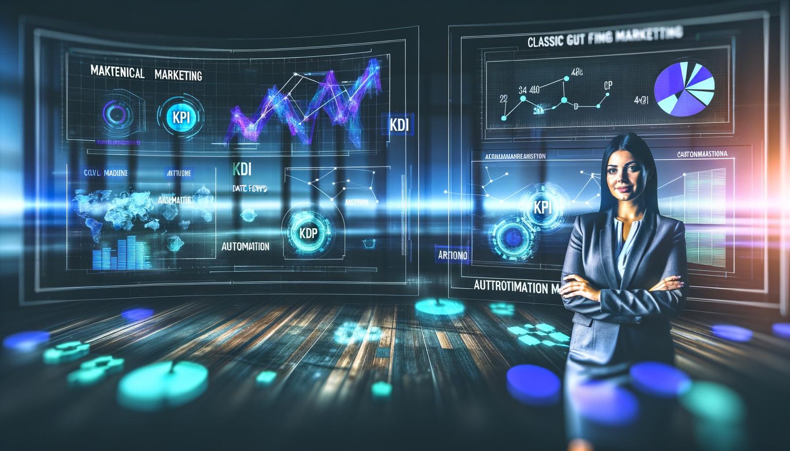 Genderneutrale Person mittleren Alters in futuristischer Büroumgebung vor digitalen Dashboards mit Datenströmen und schwebenden Marketing-Begriffen wie KPI und Automation.