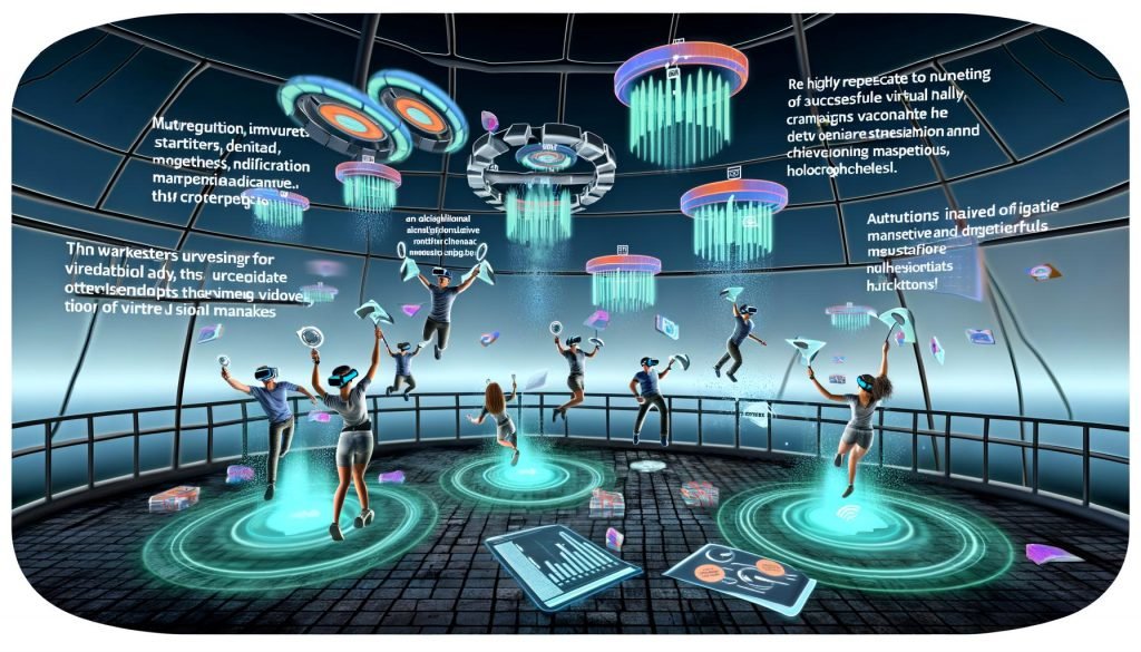 Diverse Marketer tragen elegante VR-Headsets und interagieren mit schwebenden Outbrain Native Ads, Datendashboards und holografischen Checklisten in einer futuristischen, virtuellen Umgebung.