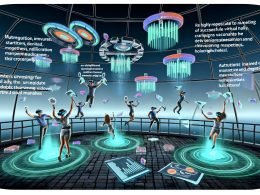 Diverse Marketer tragen elegante VR-Headsets und interagieren mit schwebenden Outbrain Native Ads, Datendashboards und holografischen Checklisten in einer futuristischen, virtuellen Umgebung.