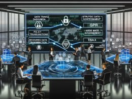 Futuristisches Büro mit vielfältigen Fachkräften, die an digitalen Dashboards mit Compliance- und Datenschutzsymbolen, Datenflussdiagrammen und Sicherheitsicons arbeiten.
