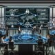 Futuristisches Büro mit vielfältigen Fachkräften, die an digitalen Dashboards mit Compliance- und Datenschutzsymbolen, Datenflussdiagrammen und Sicherheitsicons arbeiten.