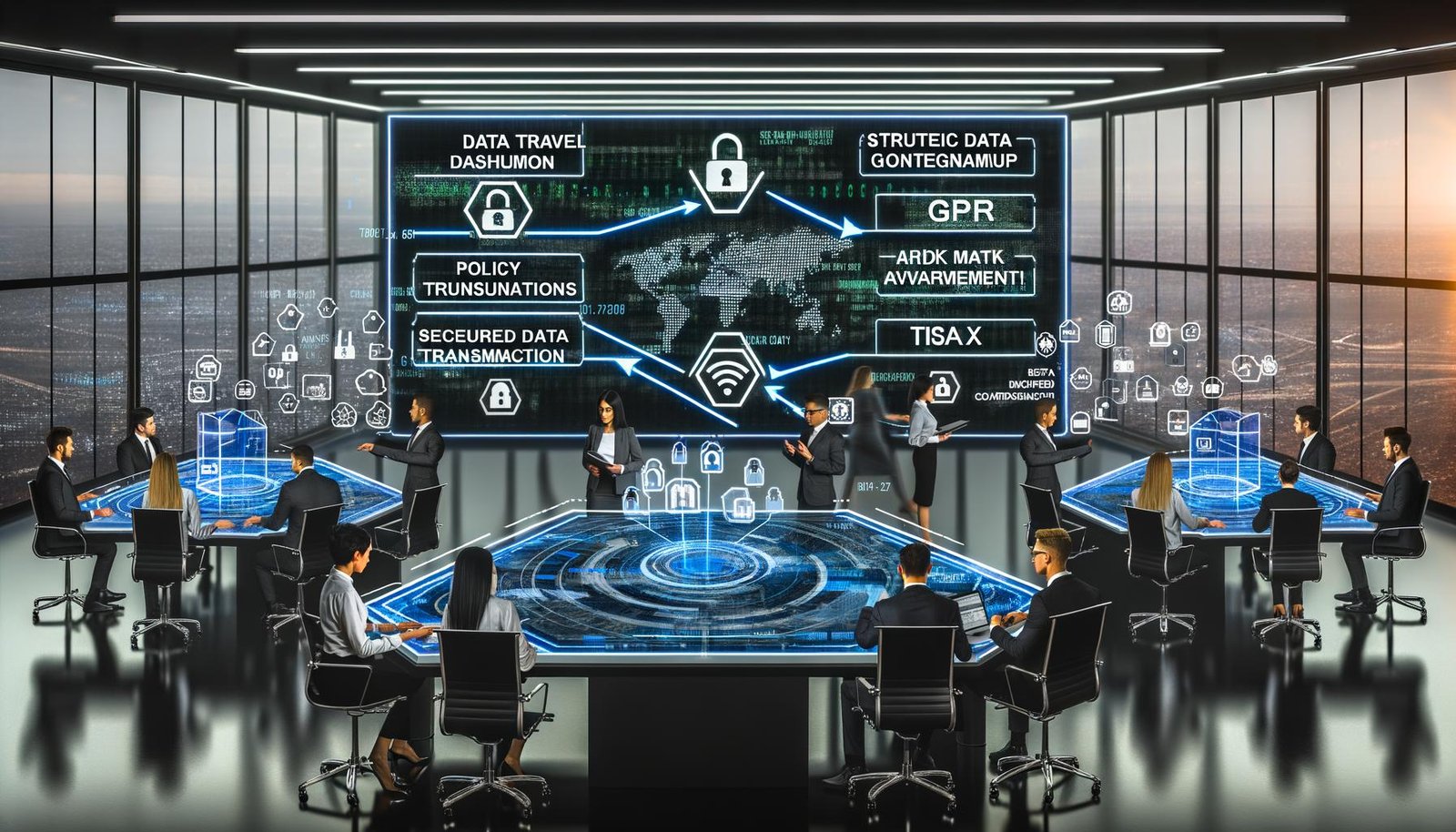 Futuristisches Büro mit vielfältigen Fachkräften, die an digitalen Dashboards mit Compliance- und Datenschutzsymbolen, Datenflussdiagrammen und Sicherheitsicons arbeiten.