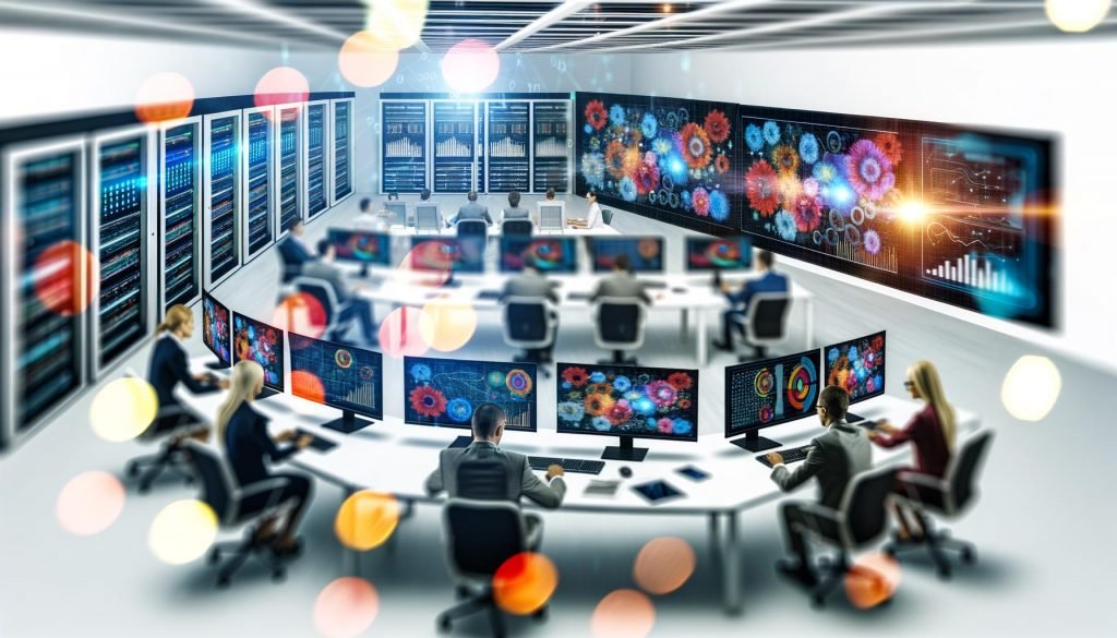 Illustration eines modernen Marketing-Offices aus der Vogelperspektive mit Curved-Monitoren, Dashboards, fokussiertem Team, Whiteboards und Server-Racks in Hightech-Atmosphäre.