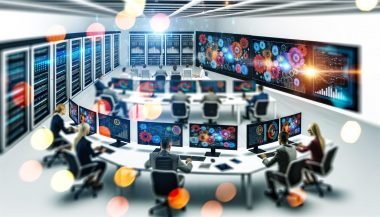 Illustration eines modernen Marketing-Offices aus der Vogelperspektive mit Curved-Monitoren, Dashboards, fokussiertem Team, Whiteboards und Server-Racks in Hightech-Atmosphäre.