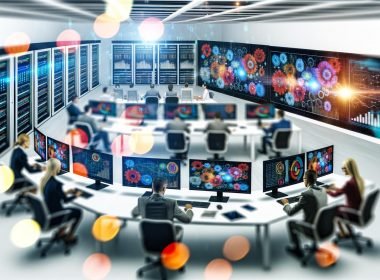 Illustration eines modernen Marketing-Offices aus der Vogelperspektive mit Curved-Monitoren, Dashboards, fokussiertem Team, Whiteboards und Server-Racks in Hightech-Atmosphäre.