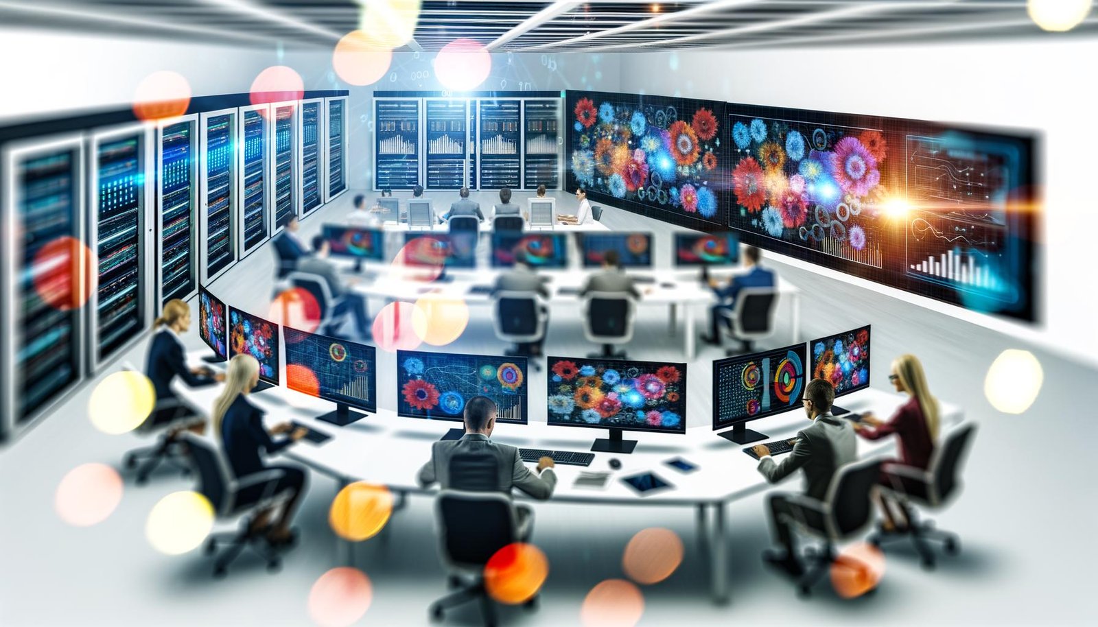 Illustration eines modernen Marketing-Offices aus der Vogelperspektive mit Curved-Monitoren, Dashboards, fokussiertem Team, Whiteboards und Server-Racks in Hightech-Atmosphäre.